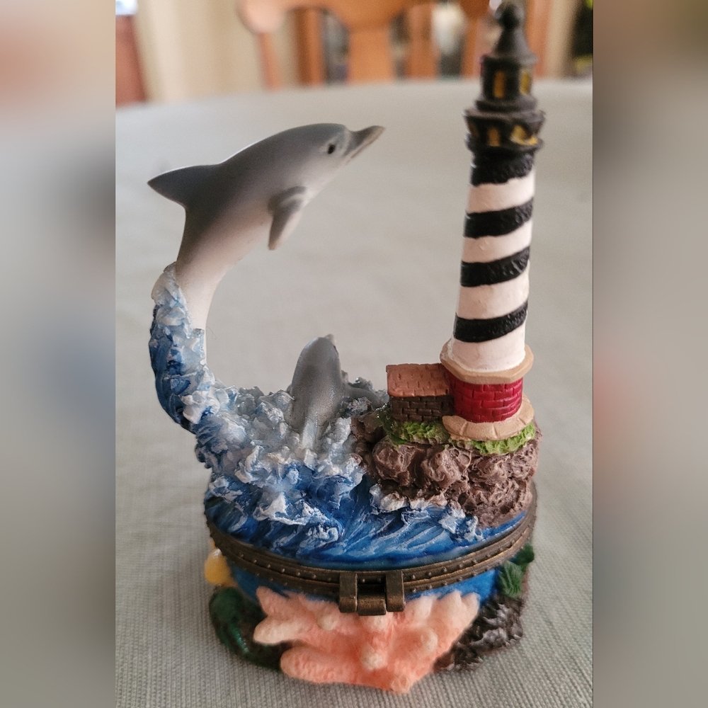 Hinged Trinket Box Porcelain Dolphins Surf  Lighthouse Sea Urchin Blue